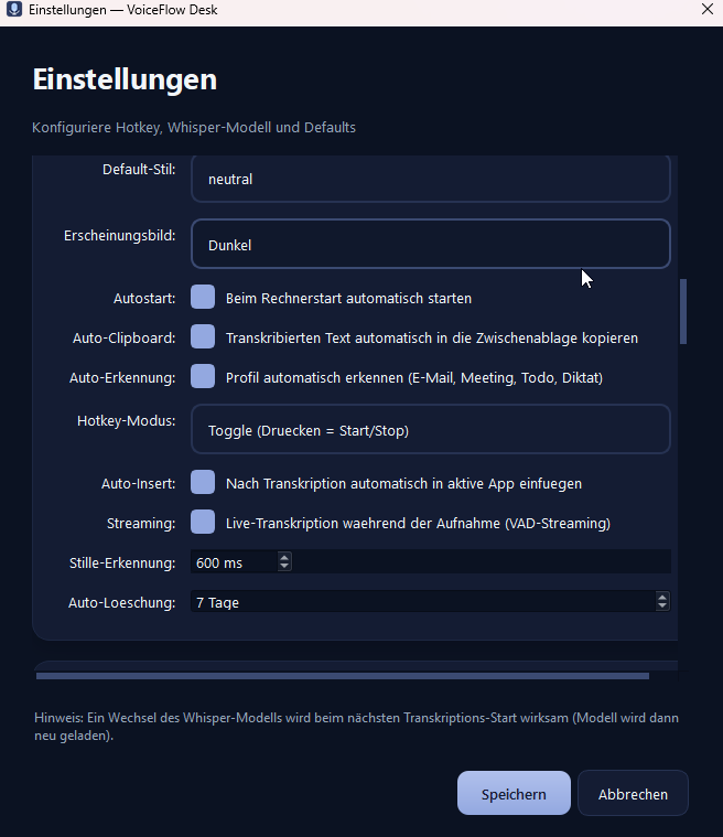 VoiceFlow Desk Einstellungen – Autostart, Hotkey-Modus, Streaming, Stille-Erkennung