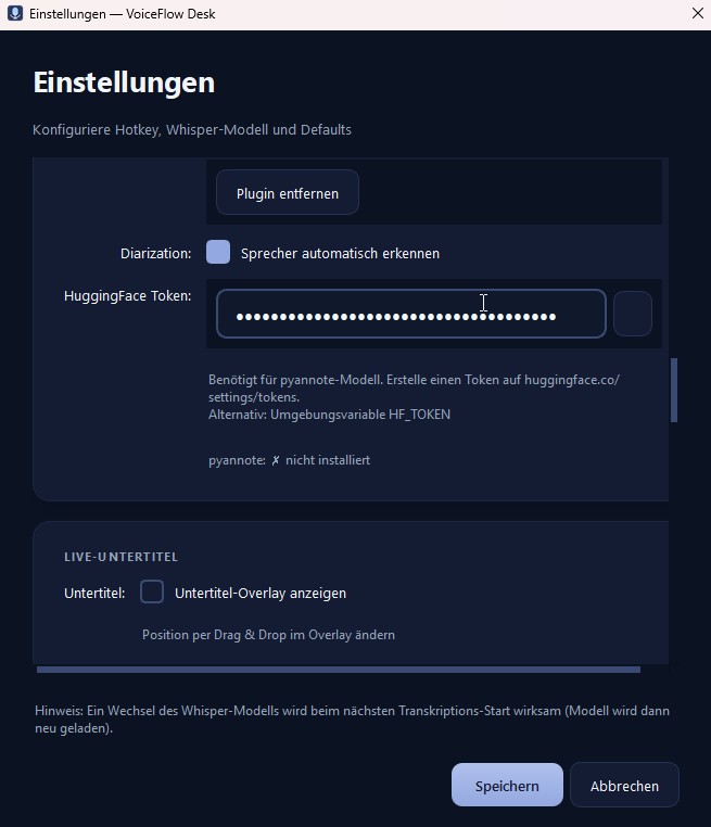 VoiceFlow Desk Einstellungen – Sprechererkennung Plugin mit Diarization und HuggingFace Token