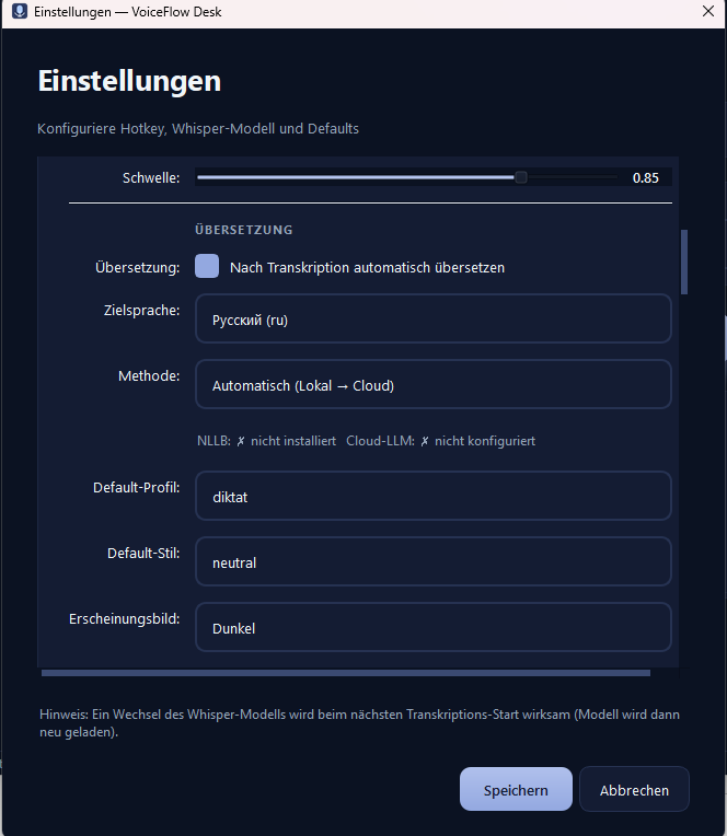 VoiceFlow Desk Einstellungen – Übersetzung, Zielsprache, Default-Profil und Stil